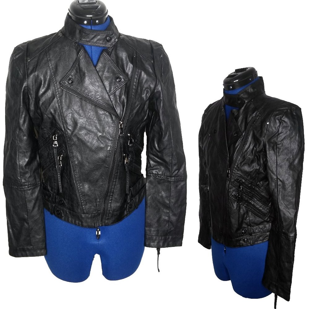 Cropped Black Vegan Leather Moto Jacket Sz M